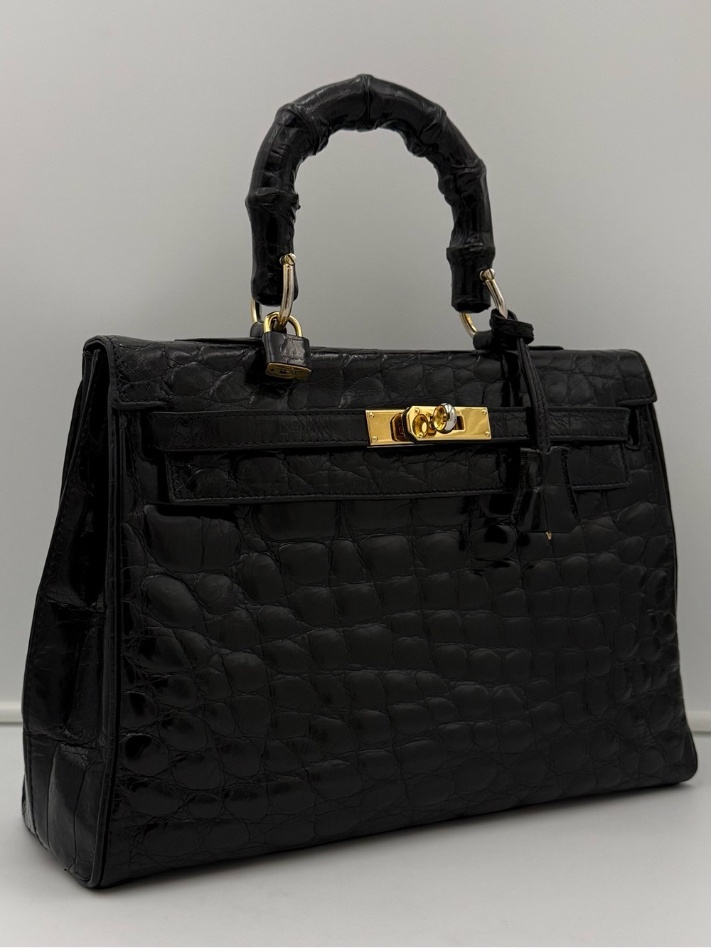 🐊COLOMBO 1937 MILANO • Black Exotic CROCODILE 32 Top-Handle Bag • Made in ITALY
